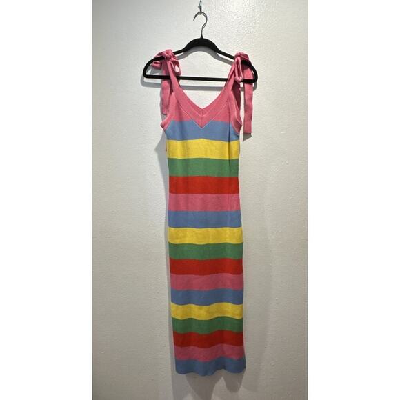 English Factory Size Medium Striped Rainbow Knit MIDI Dress Bodycon PRIDE Slit - Picture 1 of 10